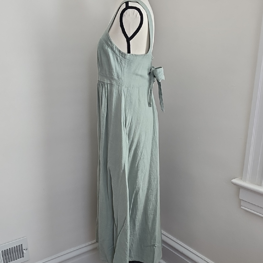 Francesca Bettini Sage Grewn Linen/cotton Blend Midi A Line Tie Back Dress Med - Picture 3 of 6